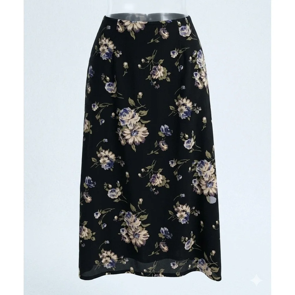 Dark Romance Fairy Goth Vintage 90s Black Floral Straight Maxi Skirt‎ XL Flowy